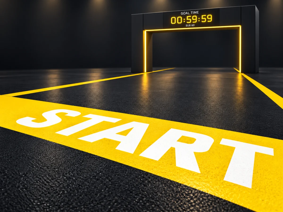 노란 START 출발선과 게이트 상단의 GOAL TIME 00:59:59, SUB 60 목표 전광판 일러스트